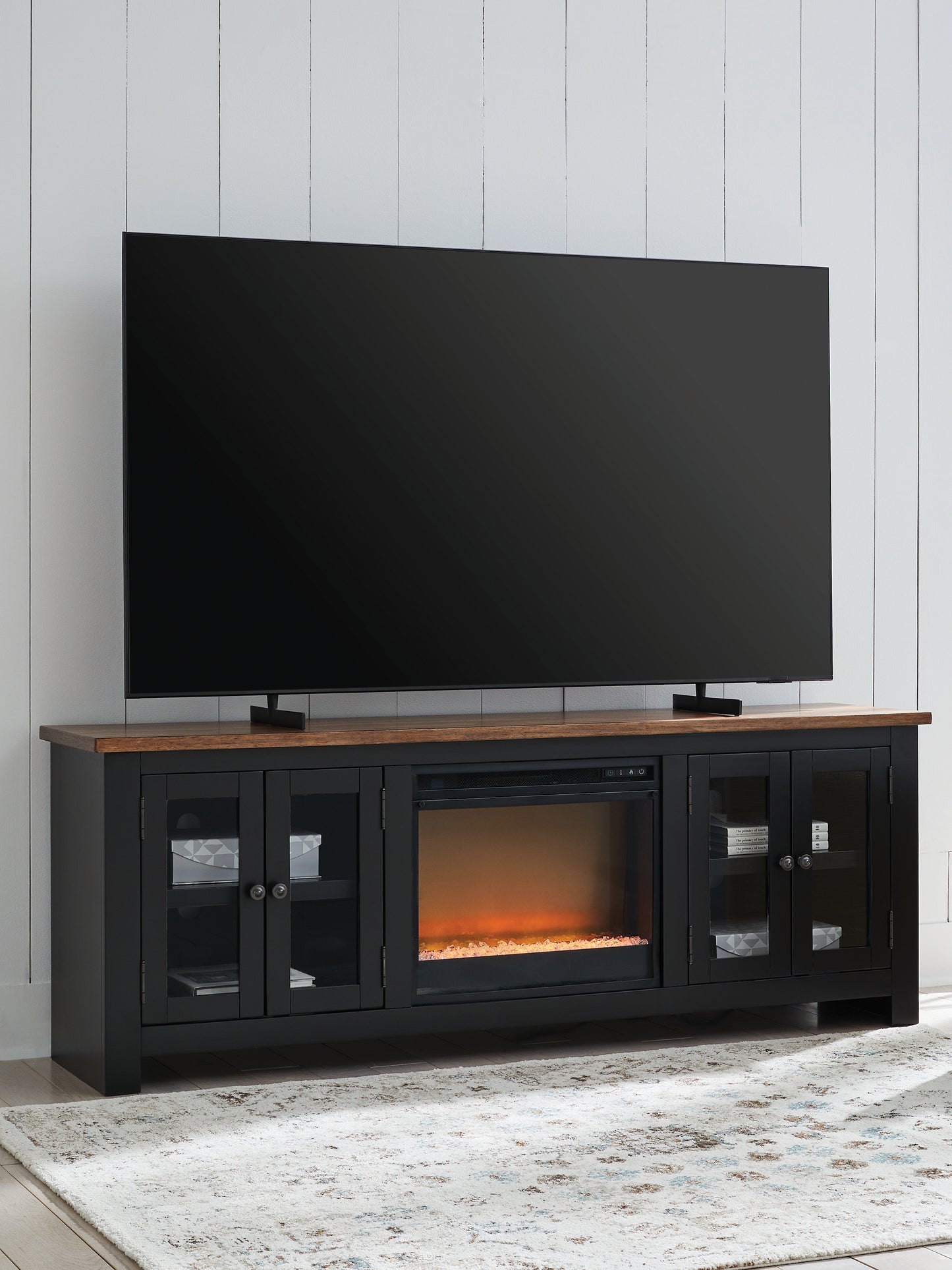 Pines Furniture Outlet - Ashley Furniture - Wildenauer 76" TV Stand with Electric Fireplace - 76" TV Stand with Electric Fireplace / Brown/Black - W664W2