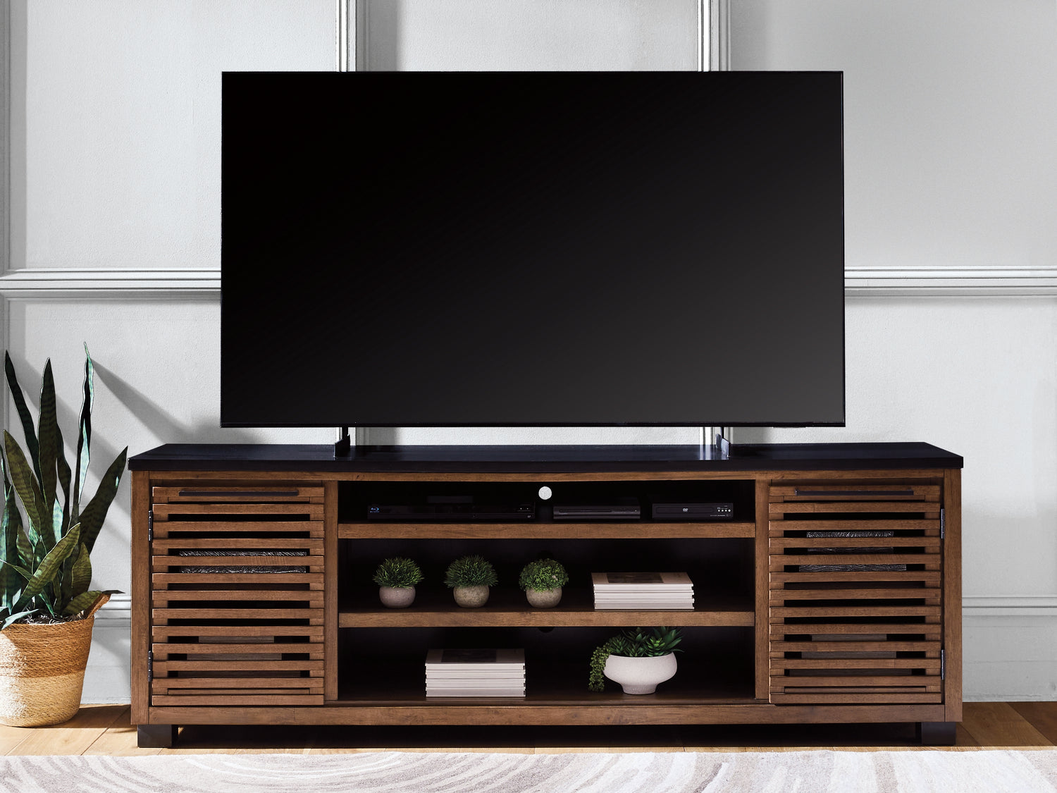 Pines Furniture Outlet - Ashley Furniture - Kallari 84" TV Stand - 84" / Warm Brown/Black - W737-78