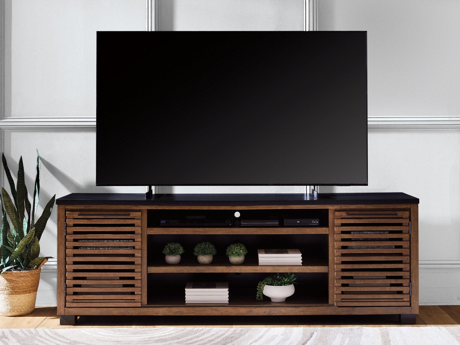 Pines Furniture Outlet - Ashley Furniture - Kallari 84" TV Stand - 84" / Warm Brown/Black - W737-78