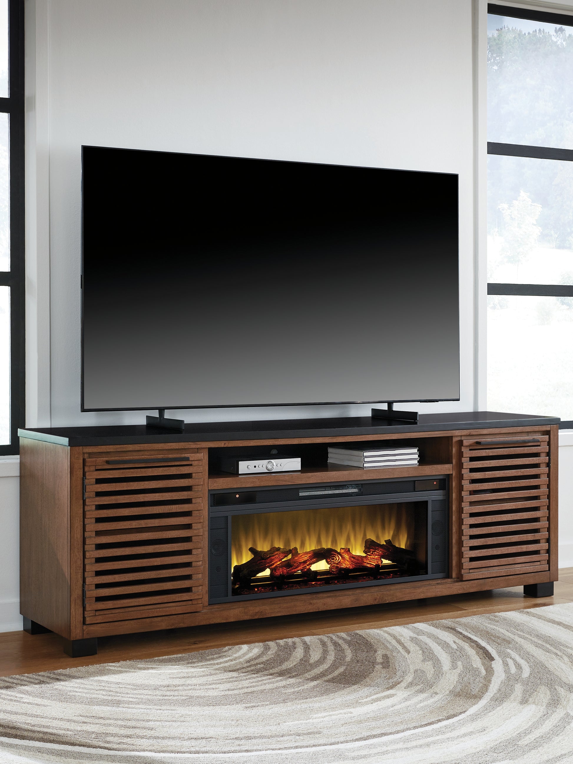 Pines Furniture Outlet - Ashley Furniture - Kallari 84" TV Stand with Electric Fireplace - 84" TV Stand with Electric Fireplace / Warm Brown/Black - W737W1