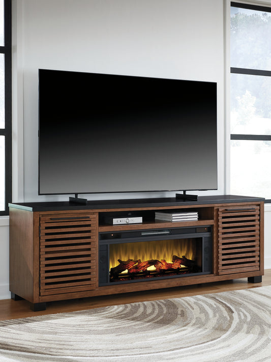 Pines Furniture Outlet - Ashley Furniture - Kallari 84" TV Stand with Electric Fireplace - 84" TV Stand with Electric Fireplace / Warm Brown/Black - W737W1