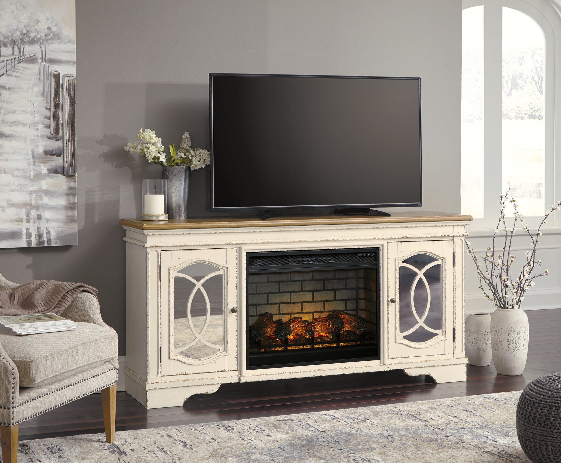 Pines Furniture Outlet - Ashley Furniture - Realyn 74" TV Stand with Electric Fireplace - 74" TV Stand with Electric Fireplace / Chipped White - W743W2
