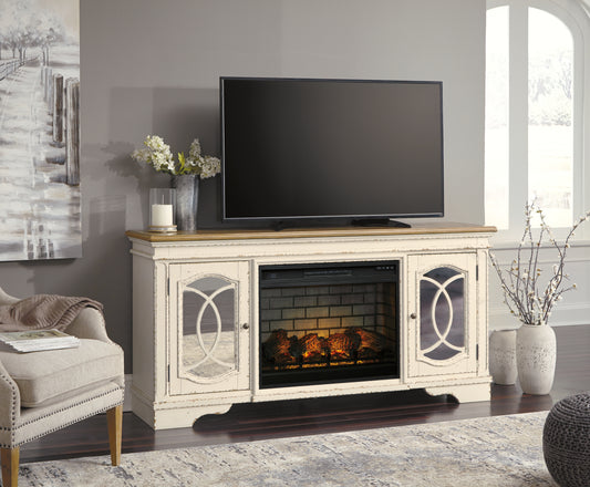 Pines Furniture Outlet - Ashley Furniture - Realyn 74" TV Stand with Electric Fireplace - 74" TV Stand with Electric Fireplace / Chipped White - W743W2