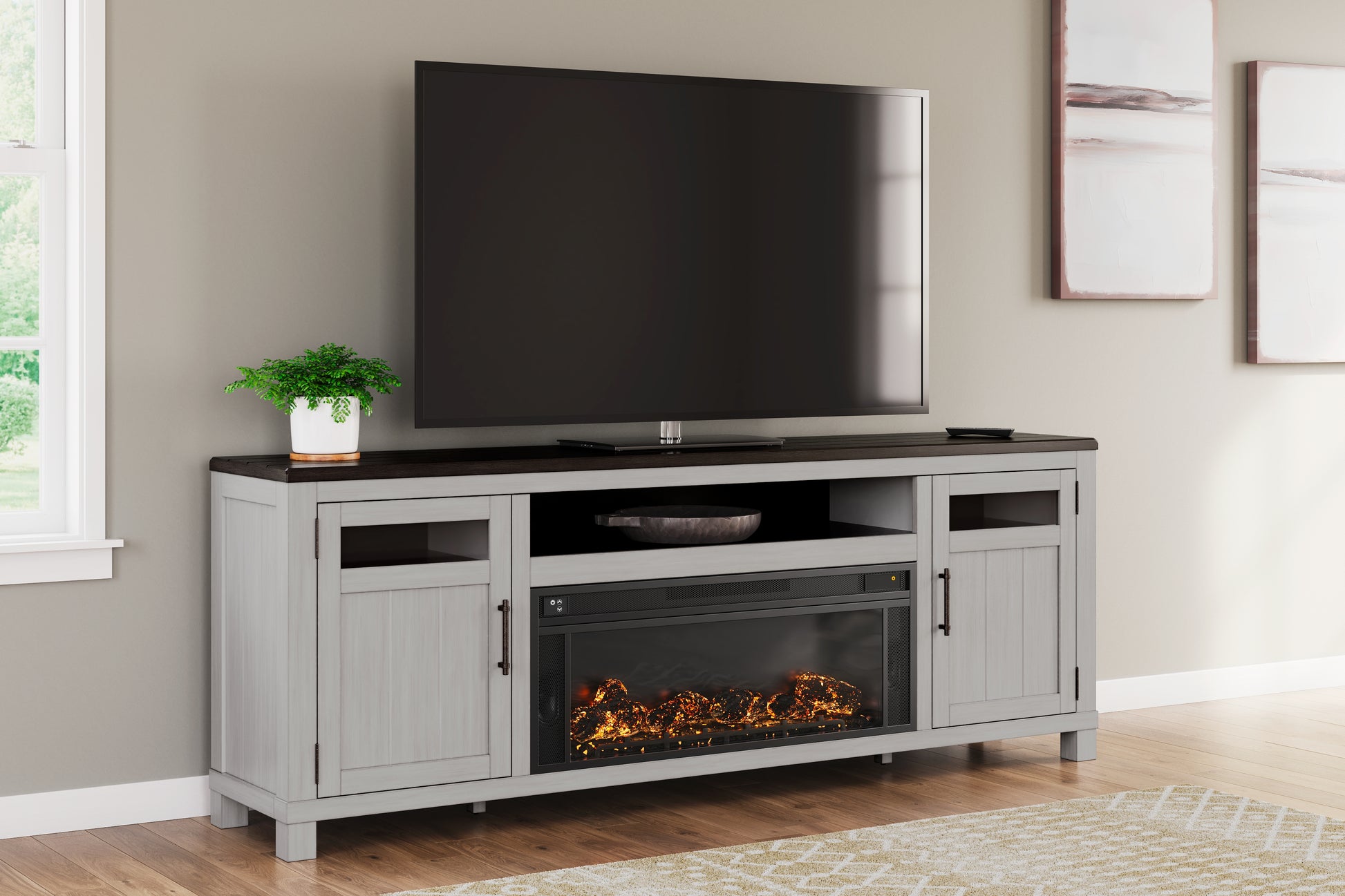 Pines Furniture Outlet - Ashley Furniture - Darborn 88" TV Stand with Electric Fireplace - 88" TV Stand with Electric Fireplace / Gray/Brown - W796W1