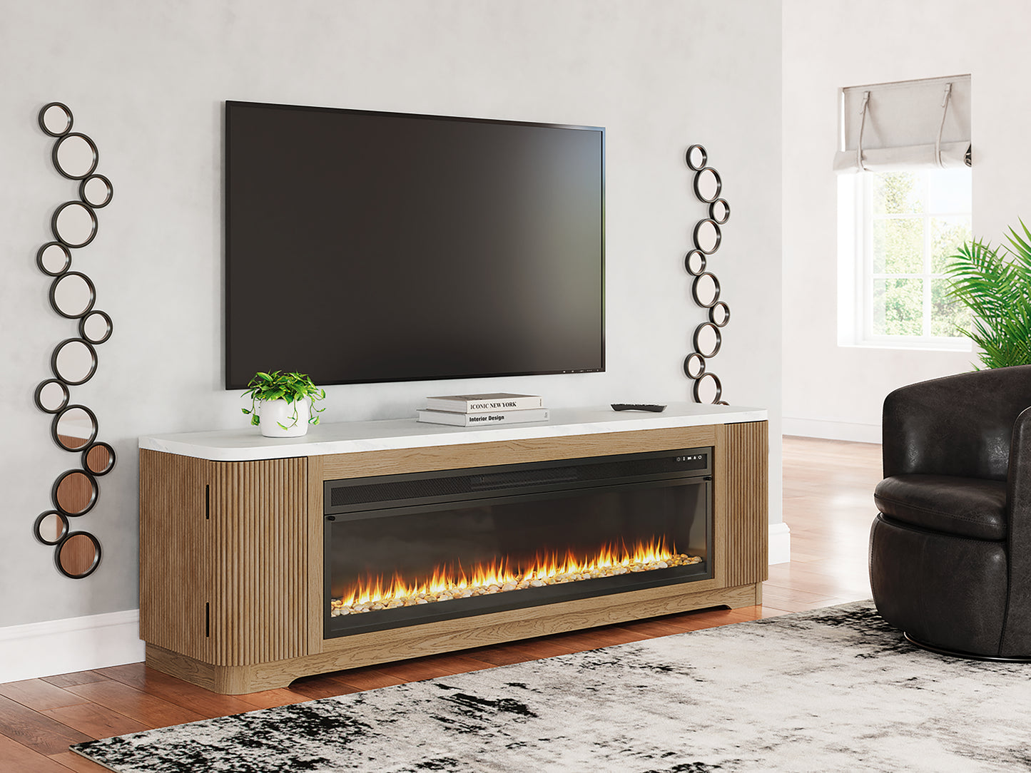 Pines Furniture Outlet - Ashley Furniture - Camdill 80" TV Stand with Electric Fireplace - 80" TV Stand with Electric Fireplace / Light Brown - W808W1