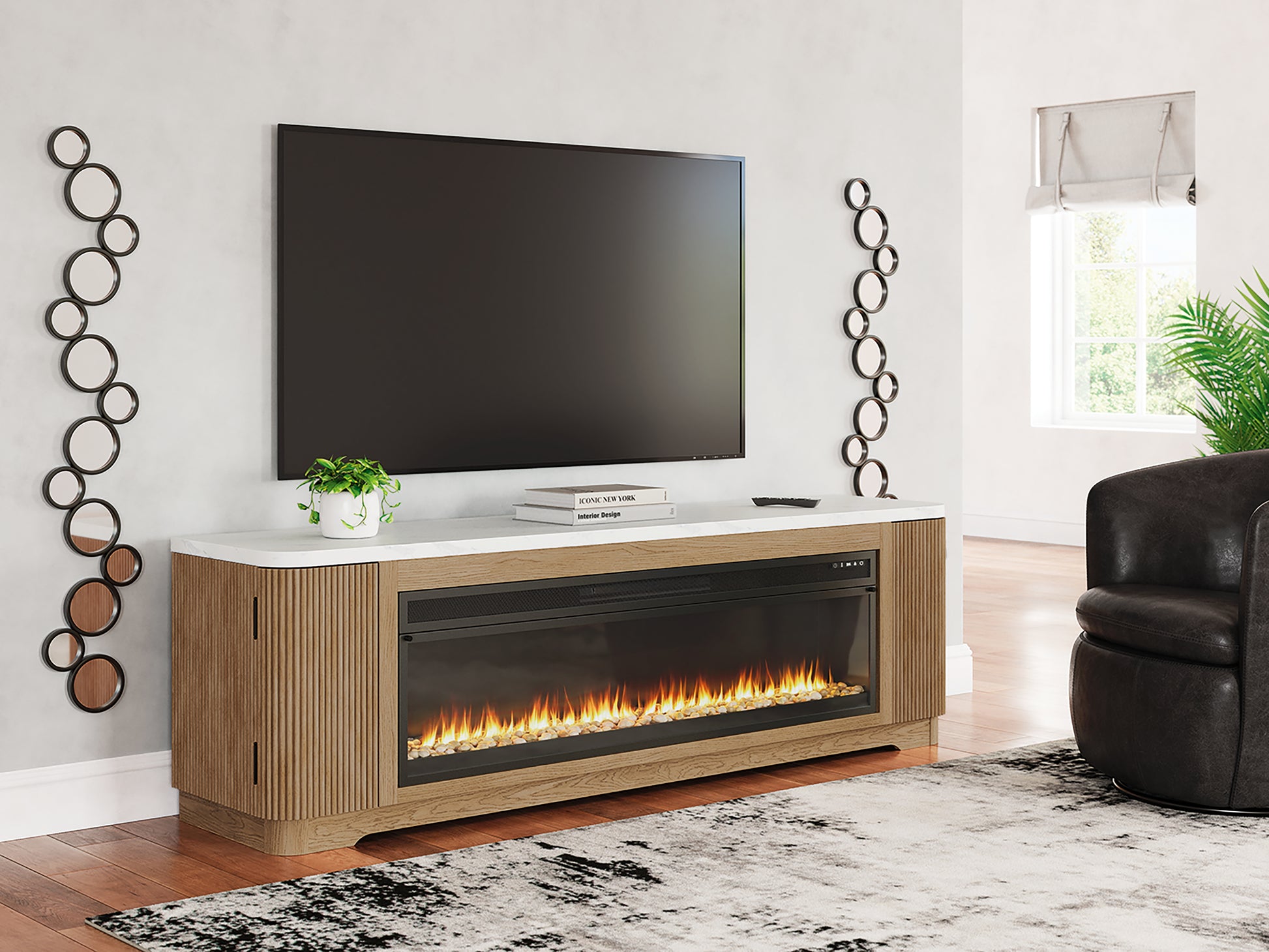 Pines Furniture Outlet - Ashley Furniture - Camdill 80" TV Stand with Electric Fireplace - 80" TV Stand with Electric Fireplace / Light Brown - W808W1